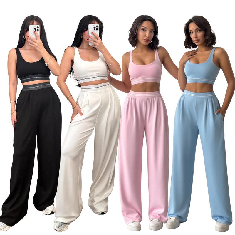 Fashionable Short Vest (with Chest Pads) Loose Straight-Leg Wide-Leg Pants Casual Fitness Yoga Set Q6378