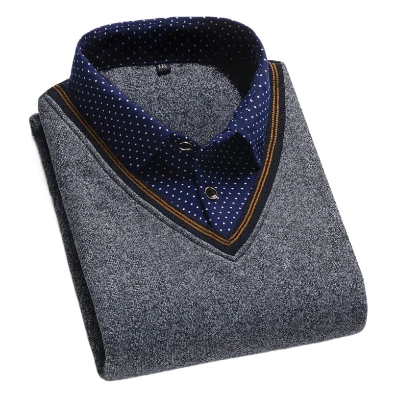 Primavera 2021 nuevos hombres falsos suéter de cuello de camisa de dos piezas para hombres de mediana edad y ancianos suéter de fondo de solapa