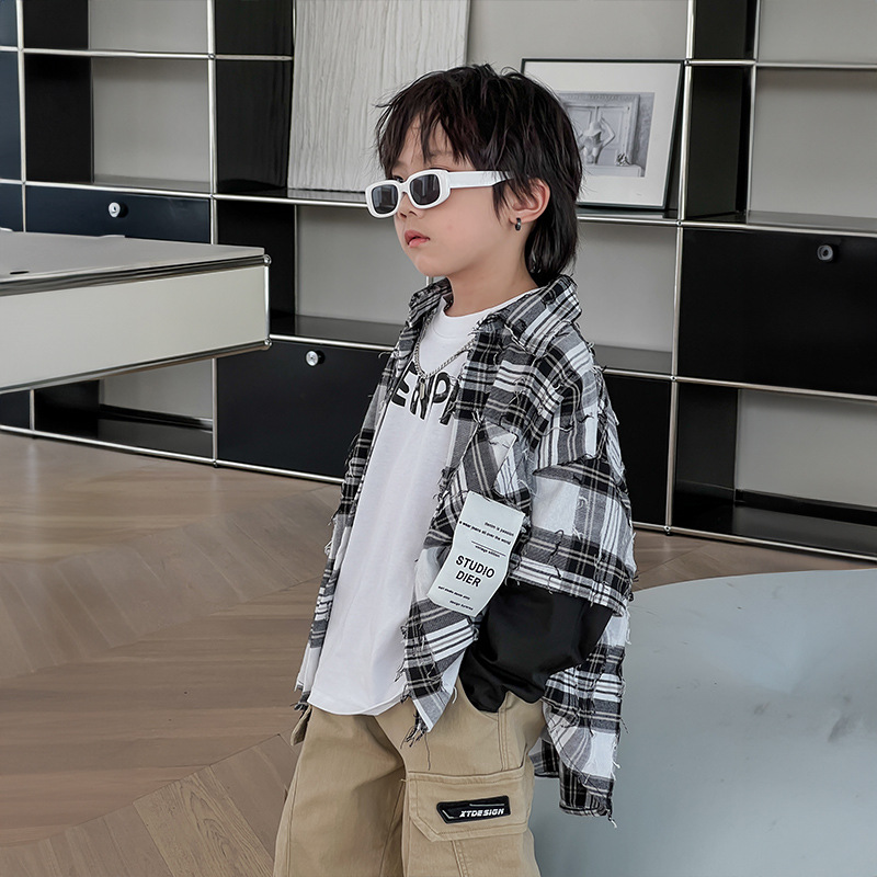 Primavera nuevos niños falso de dos piezas camisa a cuadros estilo coreano casual suelta ropa exterior de los niños prendas de vestir exteriores de moda superior
