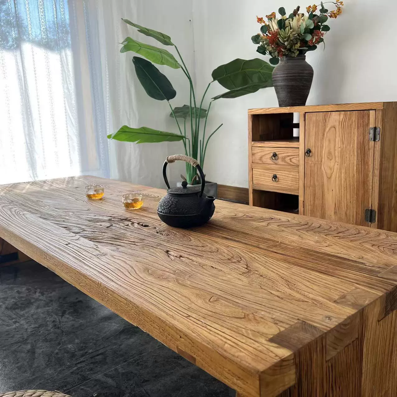 老榆木门板茶几禅意茶桌实木茶台榻榻米家用阳台茶具小桌子