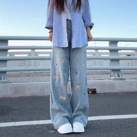 浅蓝色卡通腊肠狗牛仔裤女春夏2026新款小个子高腰宽松直筒阔腿裤