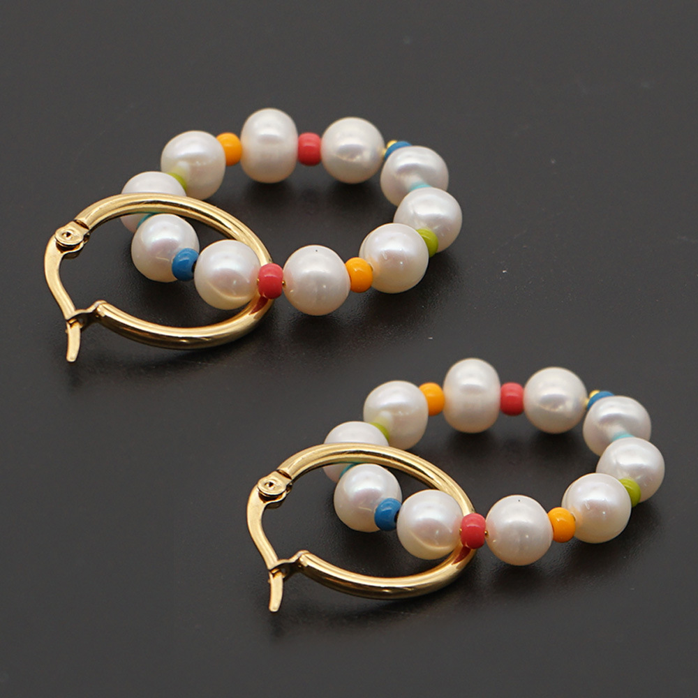 Simple Freshwater Baroque Pearl Rainbow Rice Beads Stainless Steel Earringspicture3
