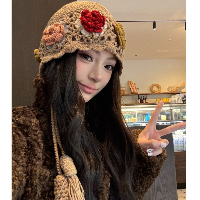 民族风手工编织镂空花朵针织帽子女春夏日系复古百搭显脸小套头帽|undefined