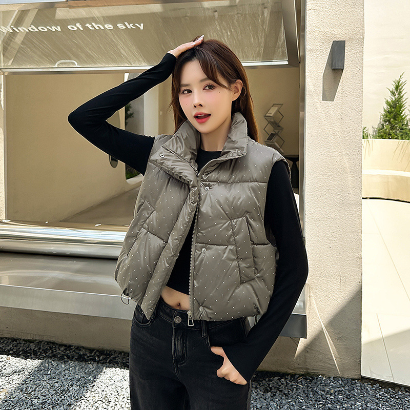 2024 viaje de invierno simple ocio brillante abrazadera de caballo de diamante estilo coreano cintura alta suelta sin mangas chaqueta de cuello corto