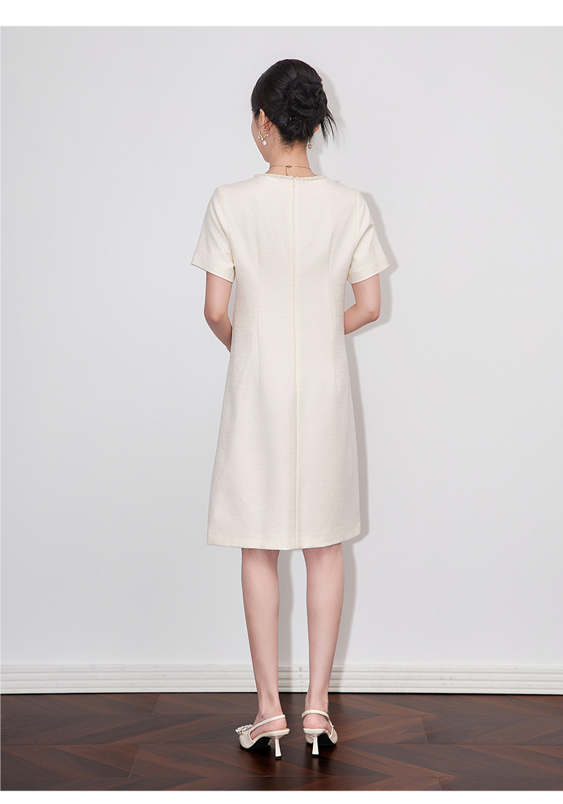 Váy liền nữ kiểu Pháp cổ tròn tay ngắn dệt jacquard ôm nhẹ — Màu be chi tiết 13