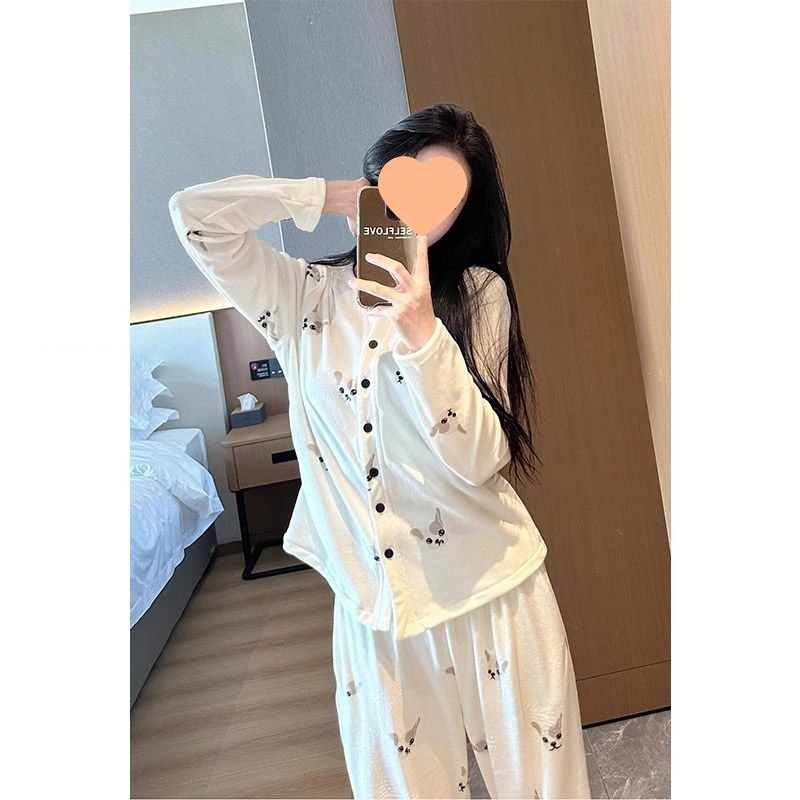 可爱卡通法斗狗德绒睡衣女款秋冬季薄绒保暖甜美学生家居服两件套|undefined