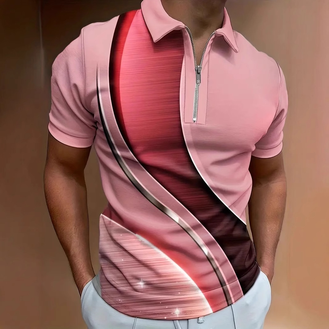 Ropa de hombre europea y americana AliExpress hombres de negocios transfronterizos sueltos de manga corta cremallera camisa POLO tecnología geométrica impresión 3D