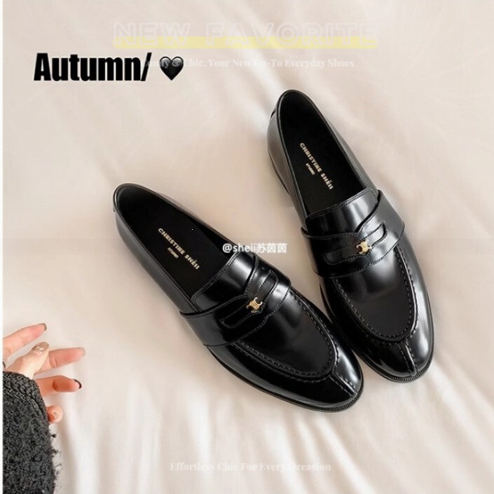 First-Layer Leather Version in Stock, Ships Instantly! Fashionable and Versatile New Style Arc De Triomphe Gold Buckle Chunky Heel Slip-On Loafers