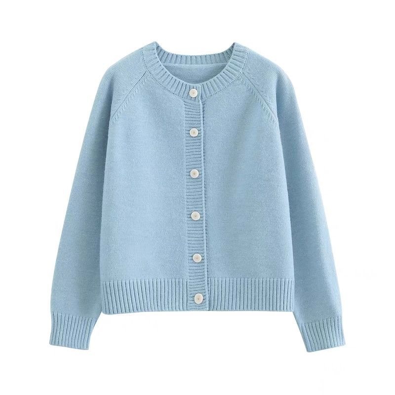 Dopamine Original Relaxed Style Elegant Round Neck Blue Knit Cardigan Women's Loose Korean Style Outerwear Sweater Long Sleeve Short