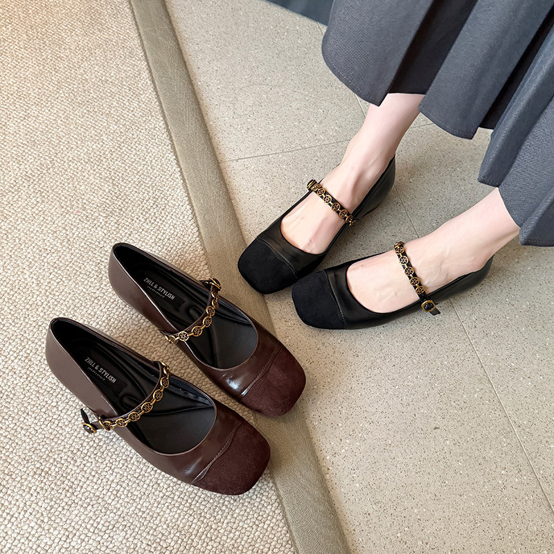 Plus-Size Retro Square-Toe Flat Mary Jane Shoes for Women with Internal Height Increase, Shallow Mouth, Versatile, Widened, Plus-Size Women's Shoes