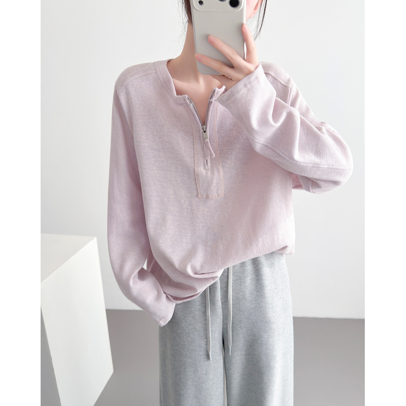 Pink Bamboo Cotton Half-Zip Long-Sleeved T-Shirt for Women 2026 Spring and Summer New Style Loose Half-Open Collar Bottoming Shirt Top Pink Bamboo Cotton Half-Zip Long-Sleeved T-Shirt for Women 2026 Spring and Summer New Style Loose Half-Open Collar Bottoming Shirt Top