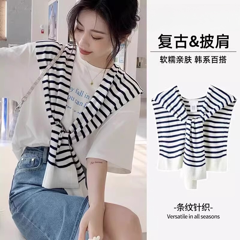 Four-Season Small Shawl Cape for Women, Spring and Autumn Striped Shoulder Wrap for Air-Conditioned Rooms, High-End Shoulder Protection Shawl, Knitted Scarf