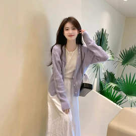 紫色镂空毛衣薄款外套女2025早秋温柔风开衫气质马海毛针织衫上衣