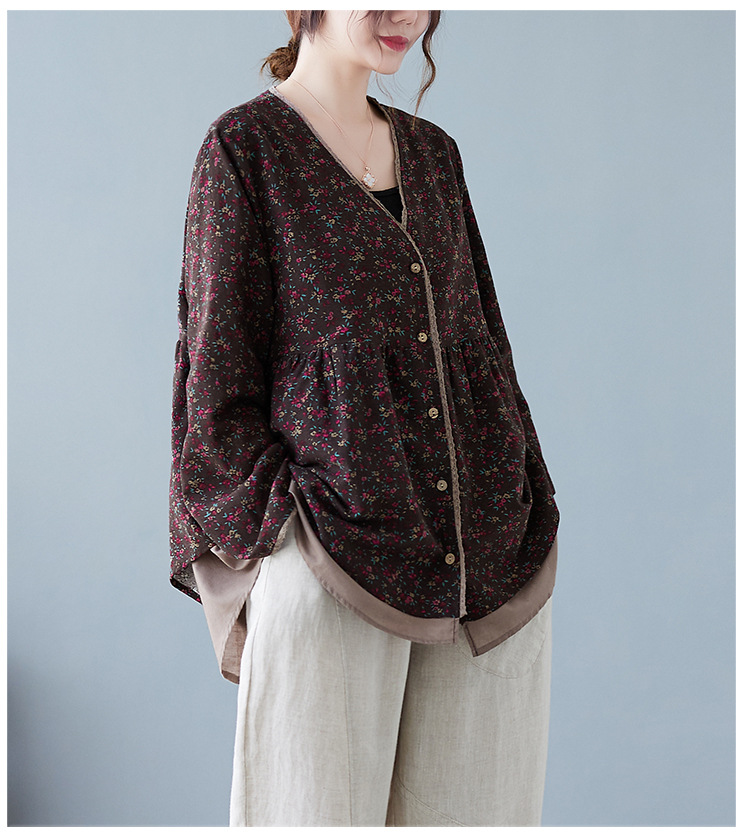 350g Weight Long Sleeve Sleeve Length Single Breasted Placket Type Regular Sleeve Sleeve Type Printing, Cotton and Linen, Hemp Fabric Type Ordinary Model (50cm <Length ≤ 65cm) Top Length Fake two-piece set, Shirt Tops Type V Neck Neckline Loose Fit Type Floral Pattern Temperament Commuter, Commute style Style Printing Craft Autumn 2025 Women's Floral V-neck Open Cardigan Fake Two-Piece Loose Cotton Linen Plus Size Shirt Elegant Commute Style 22