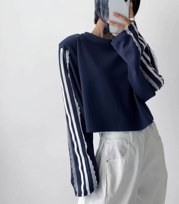 秋款新款3色入 韩国花边织带拼接宽松短款薄小毛圈卫衣上衣休闲|undefined