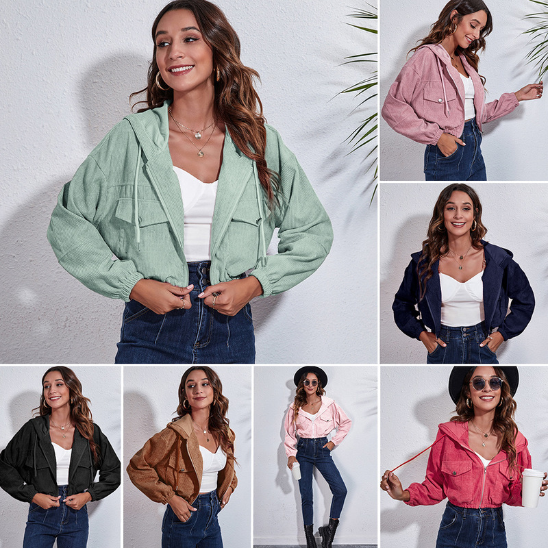 Independent Station Explosions Hooded Corduroy Jacket Autumn and Winter Loose Shoulder Long Sleeve Short Jacket Women's Cross-border Special
