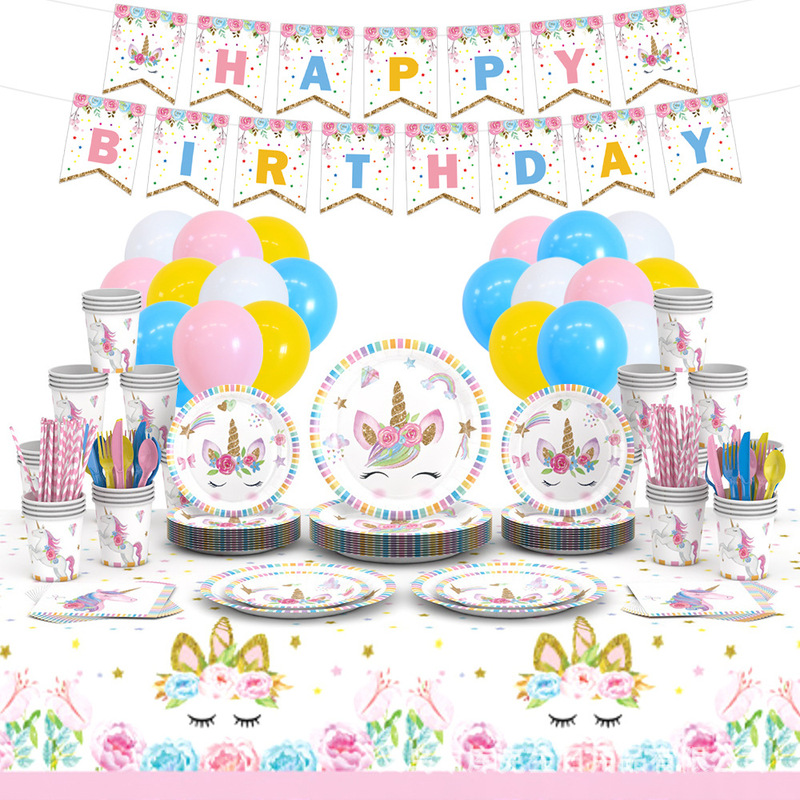Cross-border birthday set, unicorn-themed party tableware, paper plates, paper cups, paper napkins, banners, venue decoration