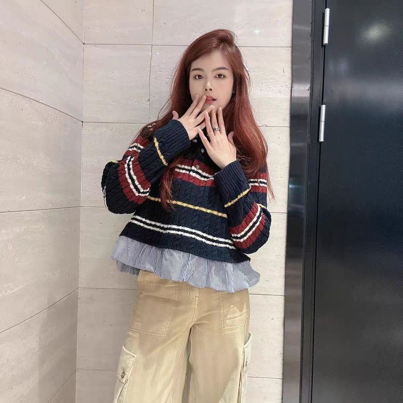 丫系女装2025秋新款宽松甜美撞色条纹拼接套头针织衫气质毛衣|undefined