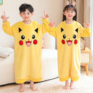 Boys' Winter Thickened Coral Fleece Women's Pikachu Sleeping Bag Children's Pajamas Kick-proof Sleepwear Big Children's Flannel Pajamas