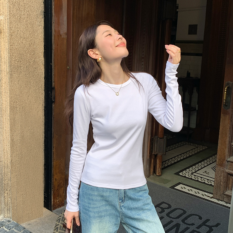 秋季长袖T恤女外穿2025新款螺纹纯色基础款上衣修身显瘦棉打底衫|undefined