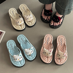 ファッショナブルで多用途な水玉模様の子猫フラットビーチサンダル、女性用夏アウター、かわいい漫画の滑り止めビーチサンダル、厚底サンダル