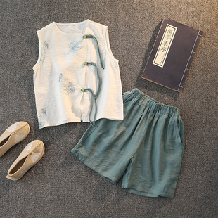 Boys Summer Vest Two-Piece Set Kidsren's Chinese Style Han Dynasty Vest Suit Boy Sleeveless Vest Fashion New Style