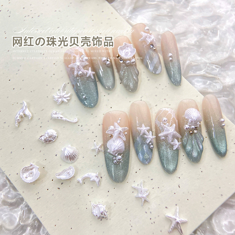 Ocean Series Cartoon Nail Art Accessories Mixed Shell Pearlescent Starfish Conch Dolphin Mermaid Tail DIY Nail Drill