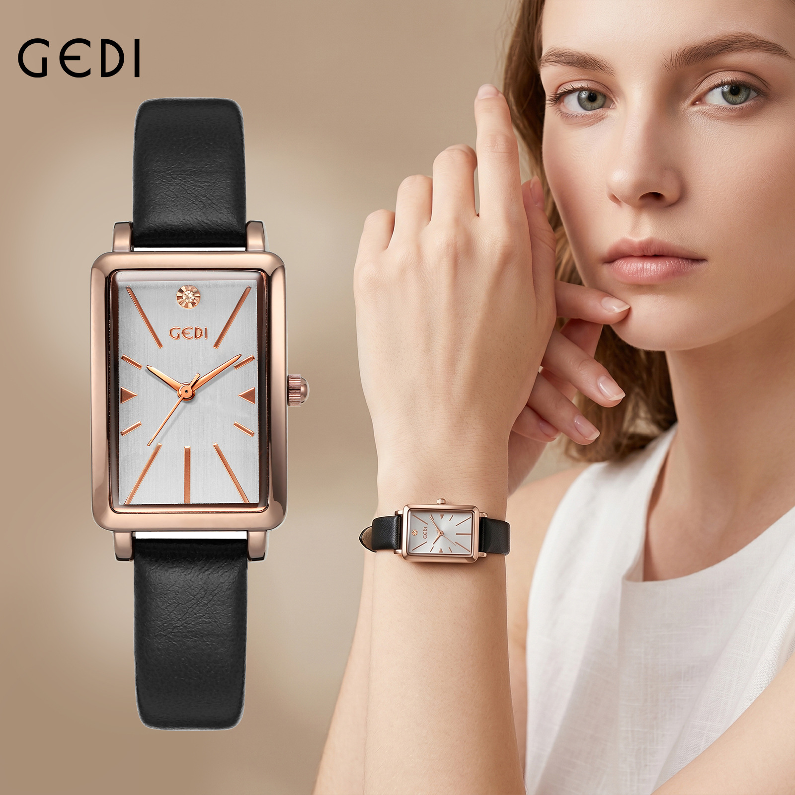 Gold-Tone Rose Gold Small Square Quartz Watch with Brushed Silver Dial, Fine Scale Markers, Black Leather Strap, Lightweight and Suitable for Business Use