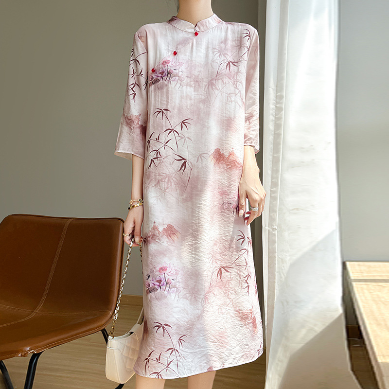 Women's Cotton Linen dress Chinese-style Shawl Blouse Summer Vintage Collar Printed Loose Modified Cheongsam Dress