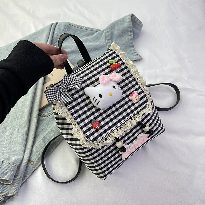 Мини‑рюкзак (Hello Kitty) в клетку с кружевом, 17×9×21 см, лёгкий 0,27 кг