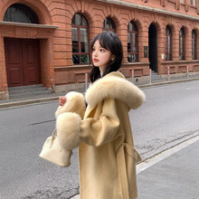 新款连帽毛领双面绒毛大衣2025秋冬高级小个子外套毛呢毛毛袖轻奢