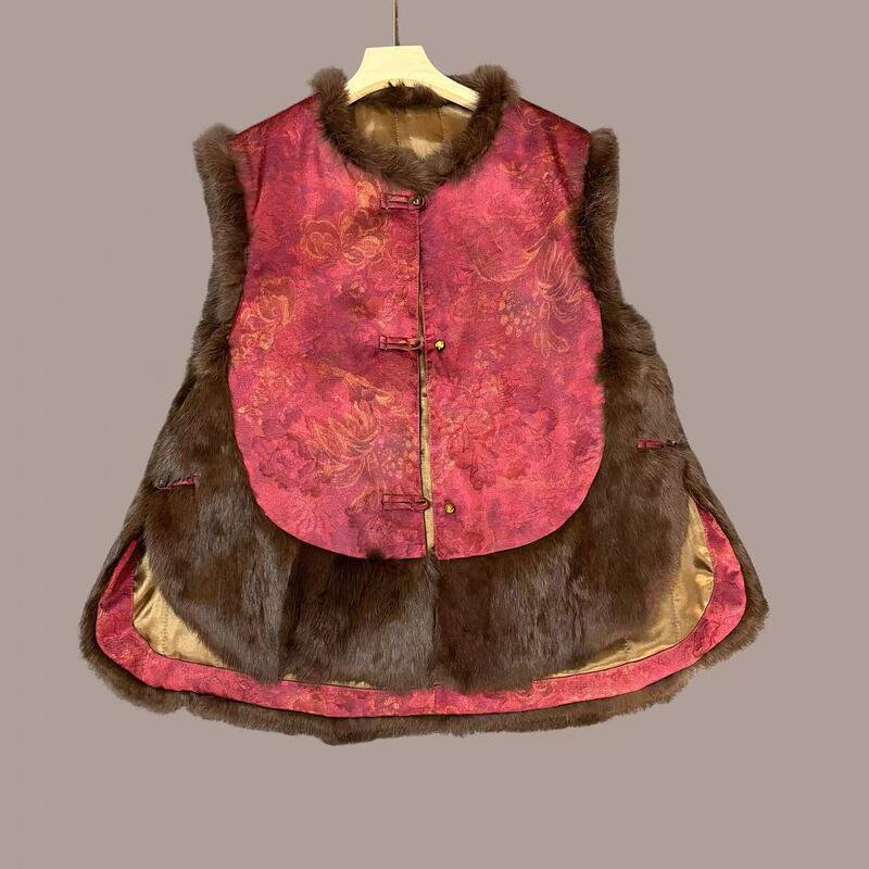 New Chinese-Style Women's Clothing, Warm and Luxurious, Made of Xiangyun Silk Jacquard with Rabbit Fur Patchwork, Vest Jacket New Chinese-Style Women's Clothing, Warm and Luxurious, Made of Xiangyun Silk Jacquard with Rabbit Fur Patchwork, Vest Jacket