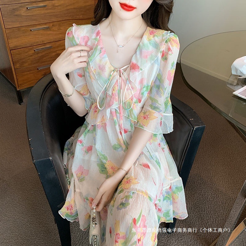 跨境2025夏季连衣裙名媛风韩版瑞丽甜美淑女型荷叶边裙时尚潮V领
