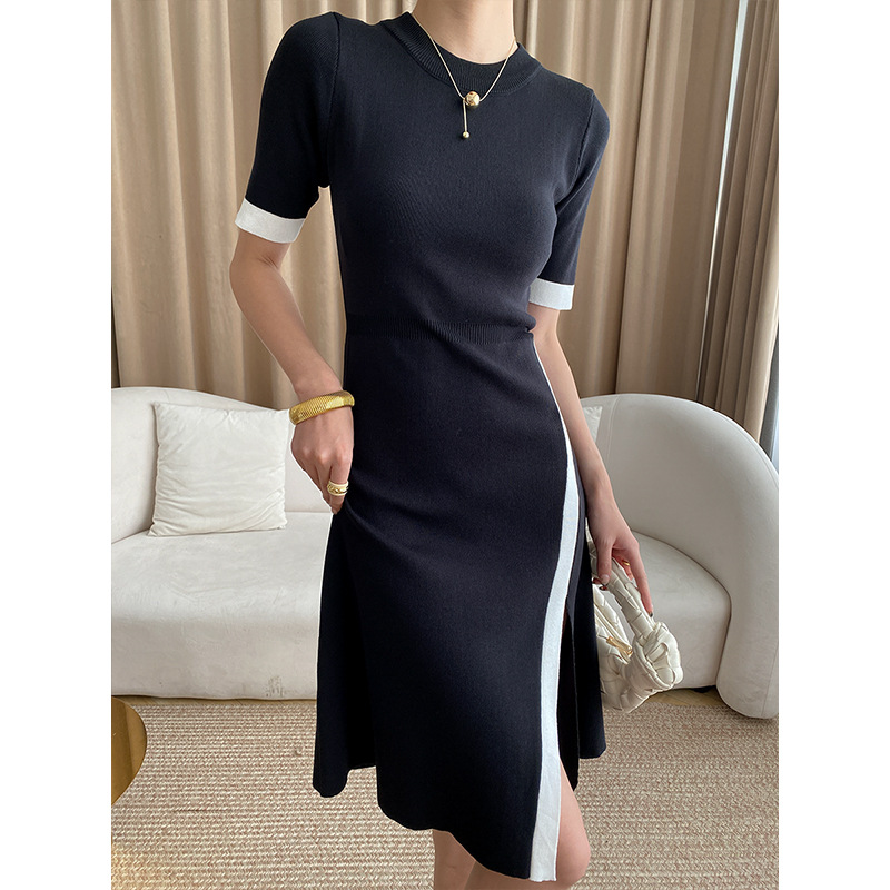 司南 法式小黑裙 复古撞色高级感修身气质开叉针织连衣裙 SN0340