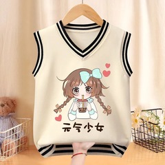 女童針織馬甲春秋新款中大童卡通毛線背心兒童女孩學院毛衣外穿潮