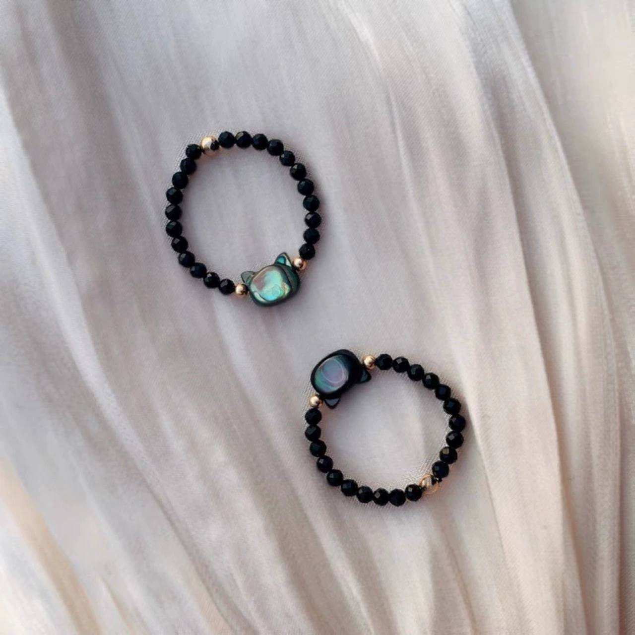 14K gold extremely thin black cat ring Japanese crystal stone black crystal personality bead string ring trendy gold plated