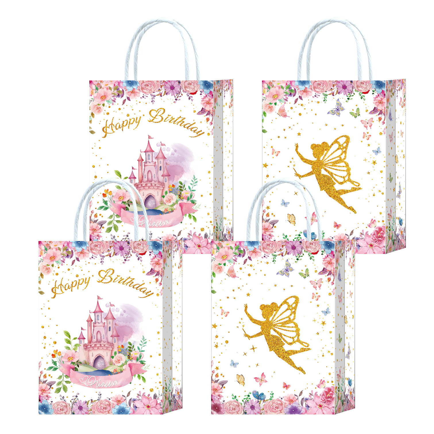 厂家现货精灵公主城堡花朵礼品包装袋 印刷卡通牛皮纸手提袋跨境