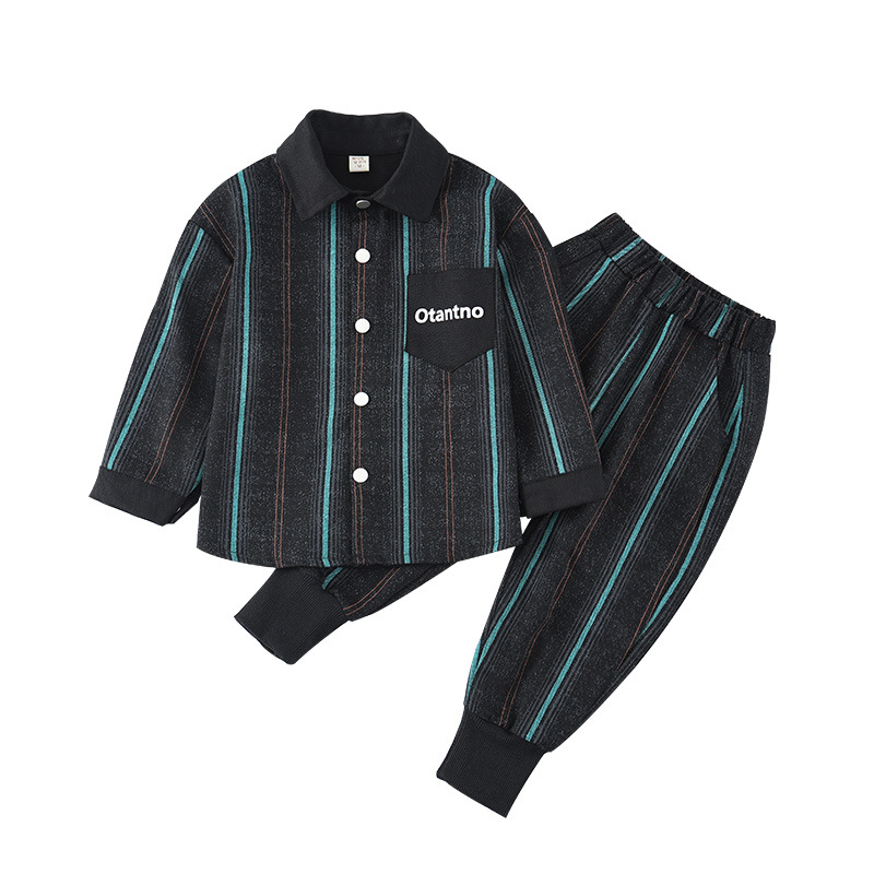 7607 Traje negro para niños 2025 nueva ropa de mezclilla estampada de moda de primavera y otoño para niños