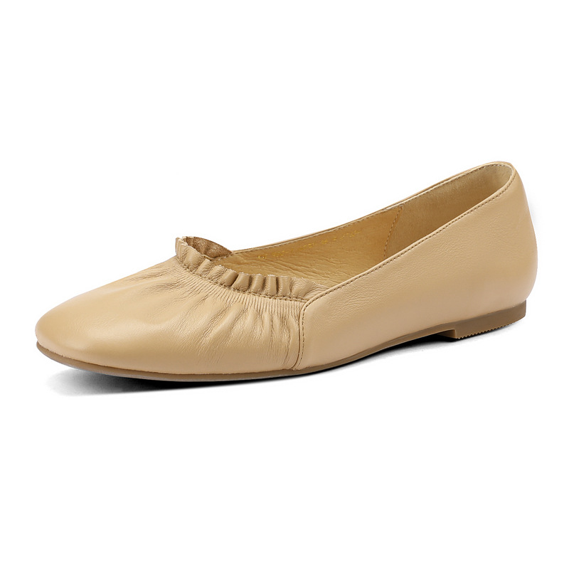 Giày ballet nữ đế bằng da bò mềm mũi tròn phong cách văn nghệ — Màu đỏ rượu