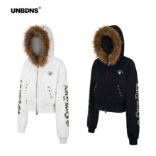UNBDNS美式连帽毛领薄绒短款卫衣女秋冬显瘦辣妹拉链开衫上衣外套