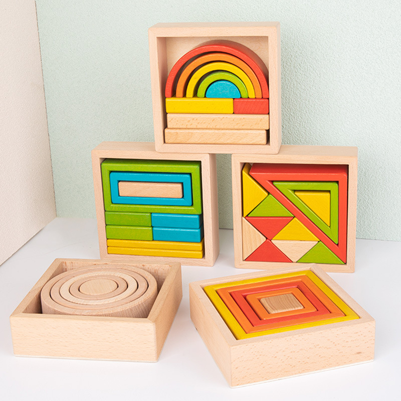 Intellectual rainbow geometric constructor, cognitive variable wooden toy, early education