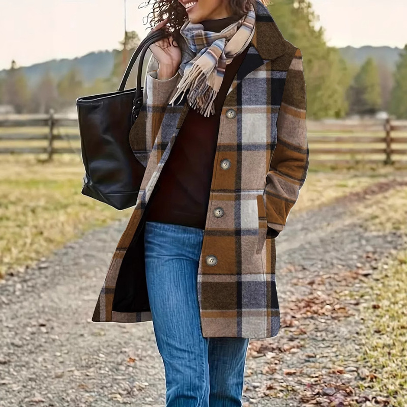 2025 Autumn and Winter New European and American Style Long Plaid Woolen Coat with Lapel and Single-Breasted Design Unlocks the Autumn and Winter Fashion Look