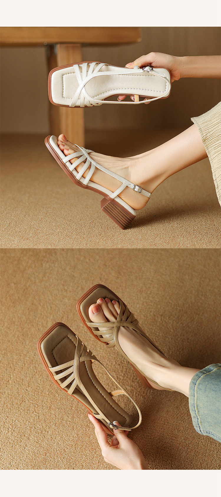 Sandal nữ mũi vuông gót vuông da cừu phong cách La Mã quai mảnh hở ngón — Màu trắng be chi tiết 8