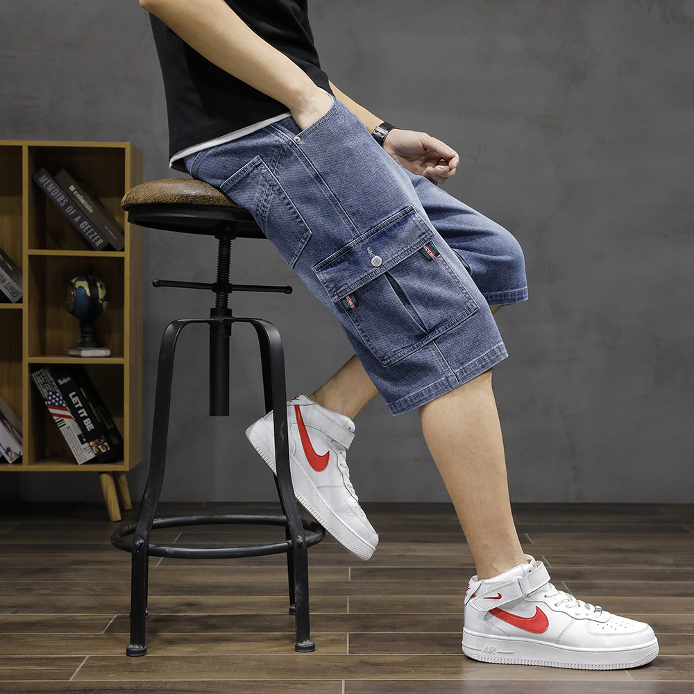 2025 Men's Denim Shorts Thin Summer Multi-Pocket Cargo Shorts Loose Six-Point Straight Elastic Cropped Pants