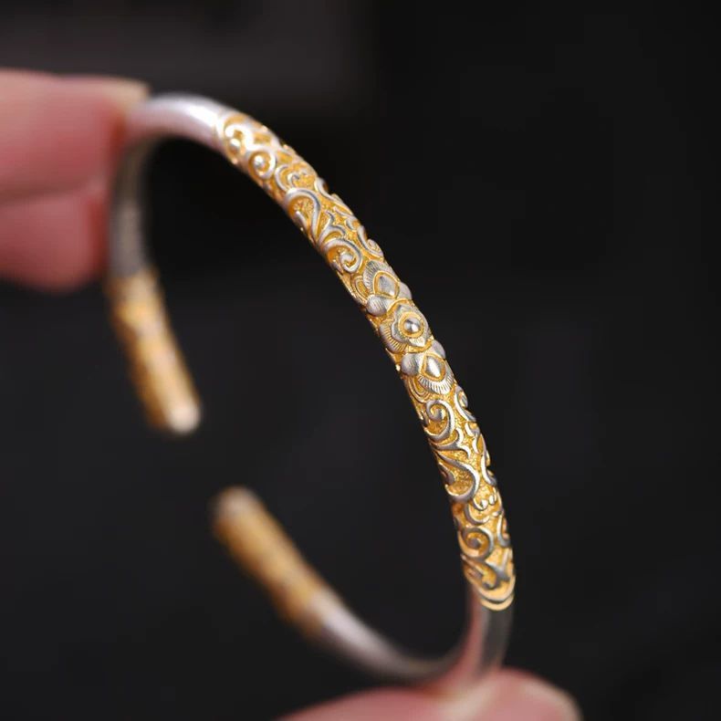 Silver Whitening Copper Silver-Plated Gold-Plated Gold Hoop Bracelet for Men and Women, Chinese Style High-End Solid Silver Bracelet Manufacturer Wholesale