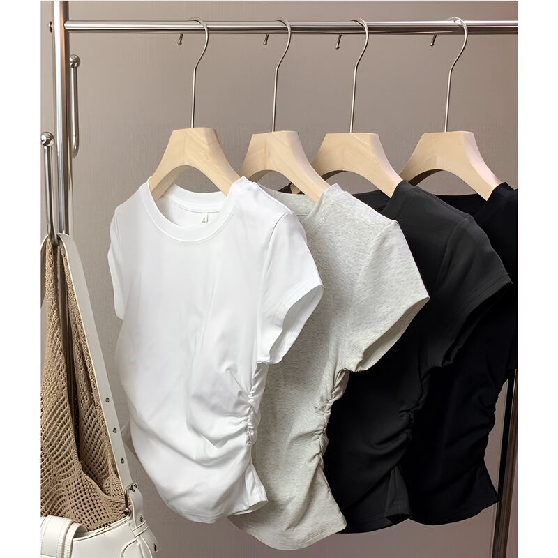 Curved Hem Irregular Slim Top Clothes Summer New Wrinkled Design Sense Niche Short-sleeved T-shirt Women's Ins Trendy