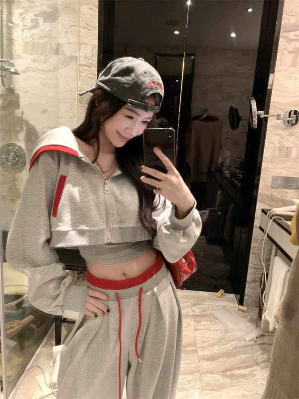 实拍 2025秋冬美式辣妹设计感拼色短款卫衣直筒宽松抽绳卫裤套装|undefined