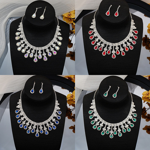 Cross-border supply European and American best-selling bridal necklace set Fashionable high-end colorful crystal necklace and earrings two-piece set