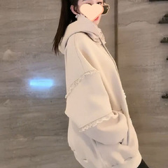 欧货秋冬连帽时尚新款卫衣加绒蕾丝接连中长款休闲上衣外套发货