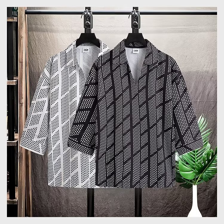 Summer Men's Short-Sleeve Printed Slim Fit Korean Style Casual Three-Quarter Sleeve Wrinkle-Resistant Shirt